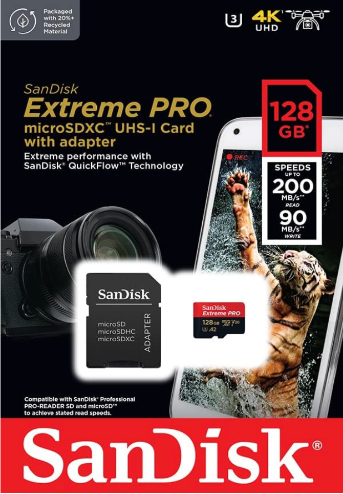 SanDisk 128GB Extreme PRO microSDXC card + SD adapter + RescuePro Deluxe, up to 200 MB/s, with A2 App Performance, for smartphones, action cameras or drones UHS-I Class 10 U3 V30