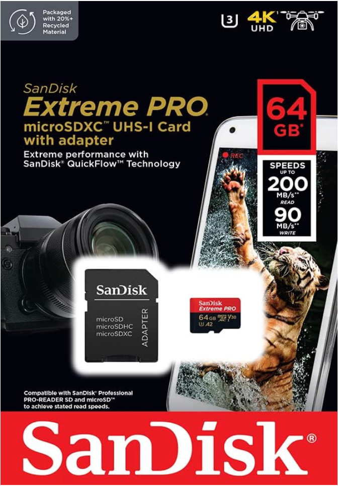 SanDisk 64GB Extreme PRO microSDXC card + SD adapter + RescuePro Deluxe, up to 200 MB/s, with A2 App Performance, for smartphones, action cameras or drones UHS-I Class 10 U3 V30