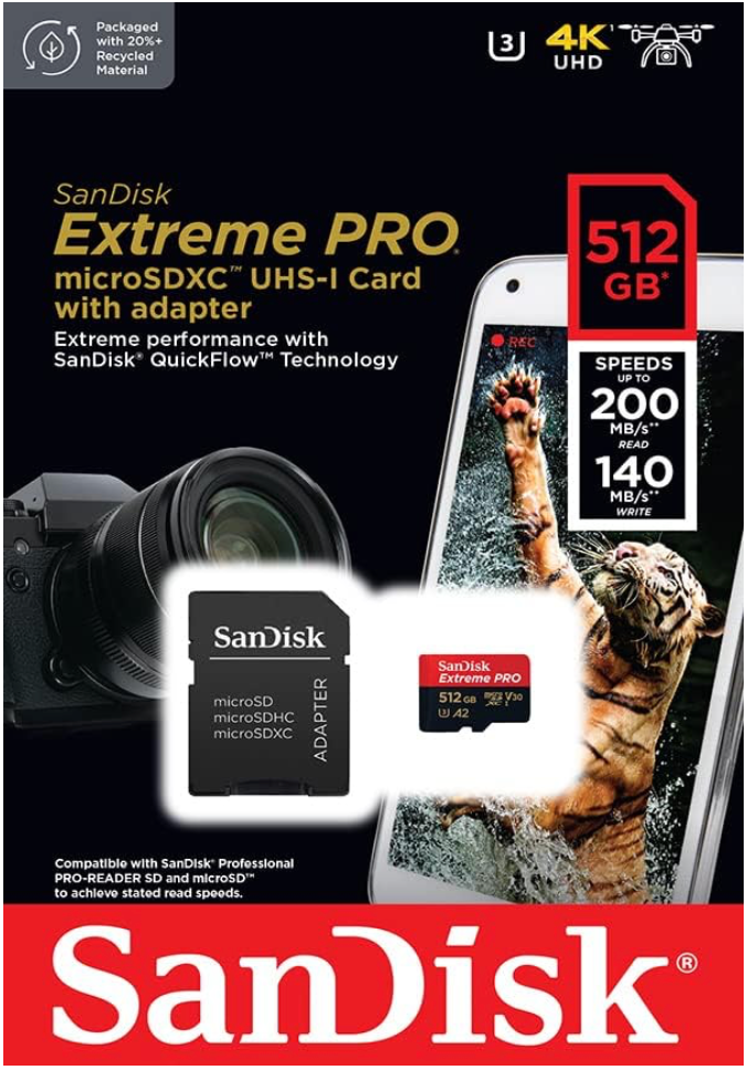 SanDisk 512GB Extreme PRO microSDXC card + RescuePro Deluxe, up to 200 MB/s, with A2 App Performance, for smartphones, action cameras or drones UHS-I Class 10 U3 V30, Black